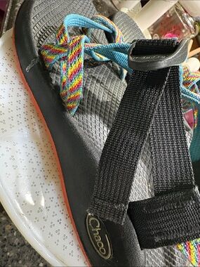 Chaco Women's Multicolor Rainbow Strap Black Sandals with Orange Trim